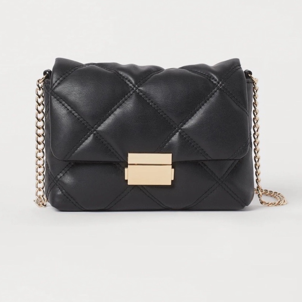 Black Quilted Leather Chain Bag with gold closure New and gold chain strap